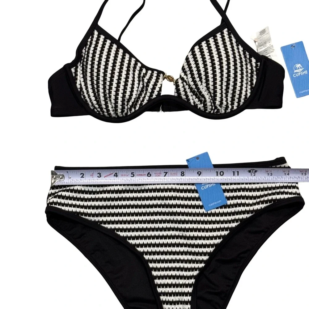 Cupshe Bikini Set Women Medium Black White New Striped High Waisted Underwire